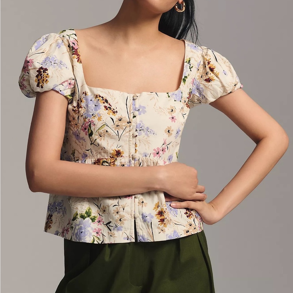 Anthropologie Floral Puff Sleeve Peplum Top